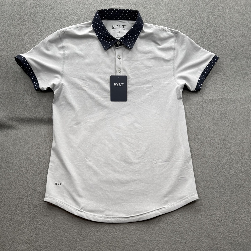 BYLT Polo Shirt Mens Medium Gray Drop Cut LUX Polka Dot Collar Stretch Casual